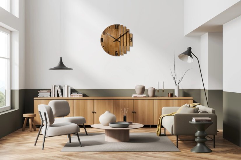 Dizájner tölgyfa falióra ASYMETRIA csendes futással - 50 cm