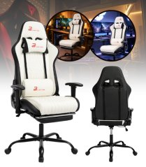 Ergonomické herné kreslo s podnožkou a polohovaním - biela ekokoža