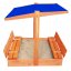 Spaţiu de joacă cu nisip, închis, cu bănci și acoperiș albastru 120 x 120 cm