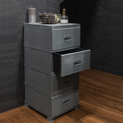 Graue Kommode mit Rattan-Design und 4 Schubladen