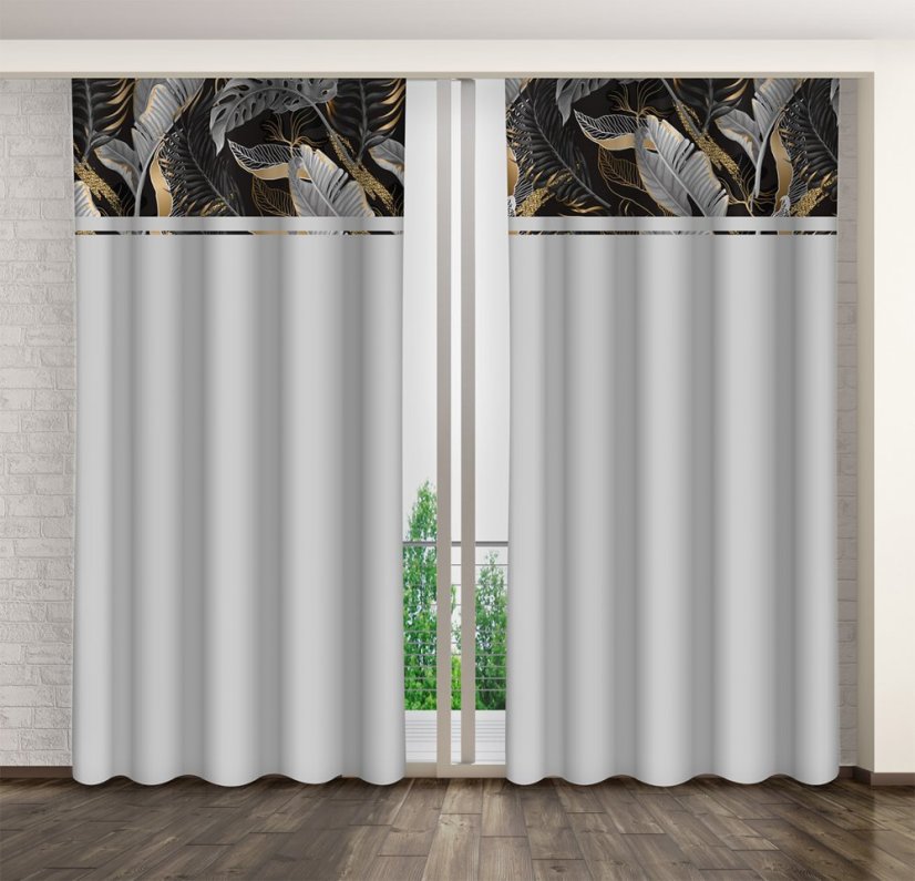 Egyszerű világosszürke függöny szürke és arany levélnyomatokkal