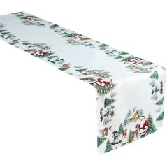 Vianočný obrus – biely so vzorom Santa Clausa, sobov a zimnej krajiny
