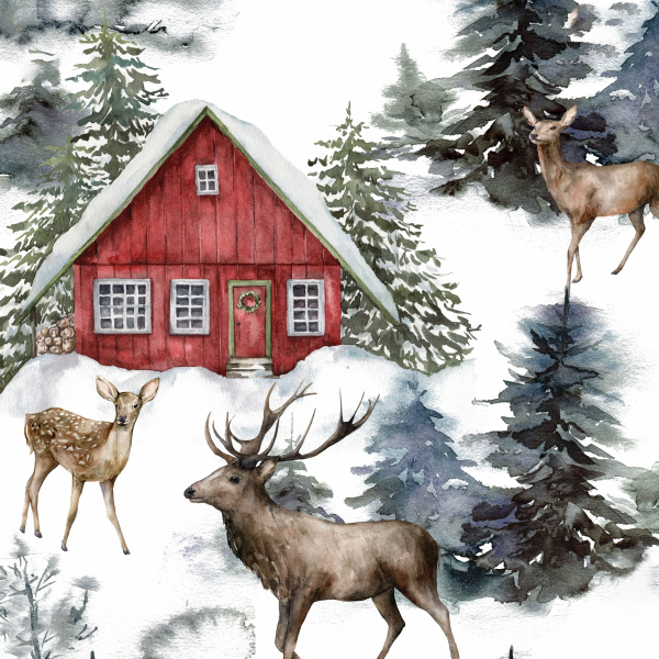Weihnachtsvorhang mit Motiv - rotes Haus im Wald 150 x 240 cm