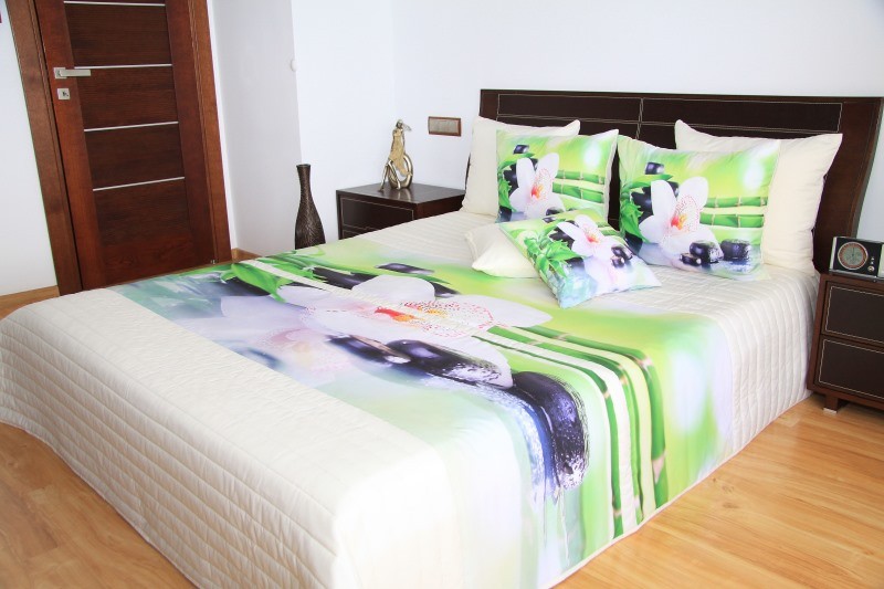 Cuvertură de pat 3D verde-crem cu orhidee și bambus
