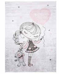 Rosa Kinderteppich mit einem Mädchen mit Luftballon
