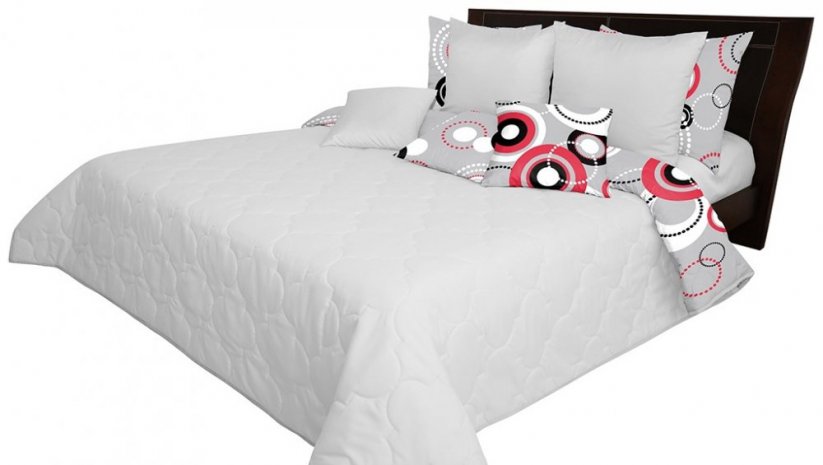 Oboustranný prošívaný šedý přehoz na postel a potiskem červených kruhů