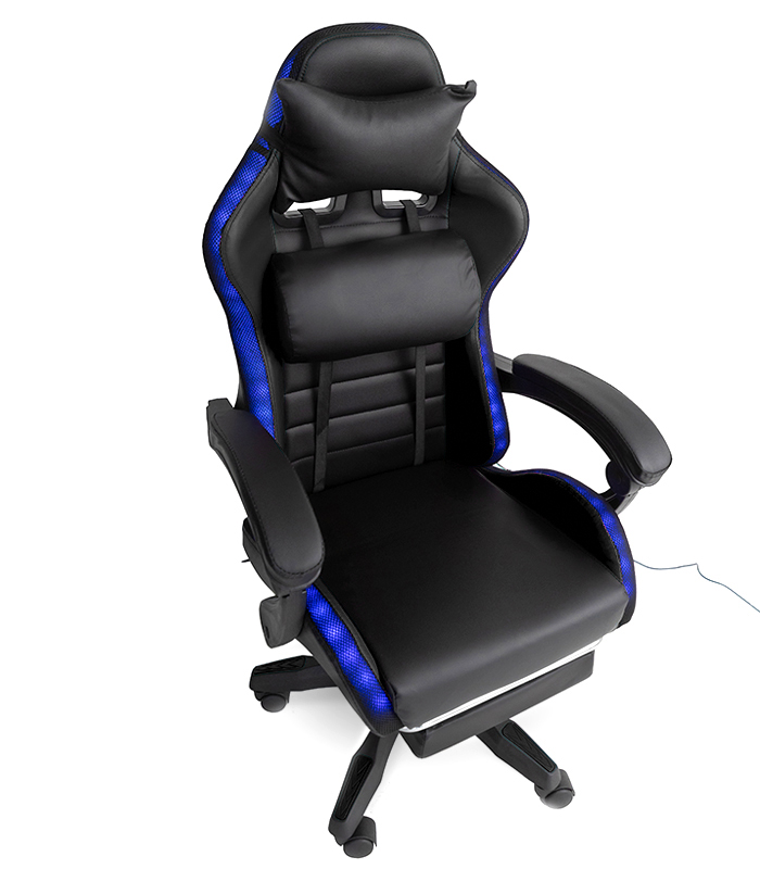 Scaun de gaming LED cu suport pentru picioare pliabil și funcție de masaj - negru