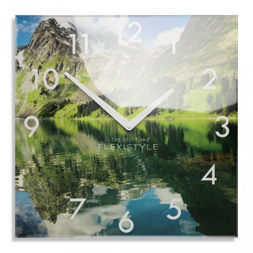 Dekoračné sklenené hodiny 30 cm s motívom horského jazera