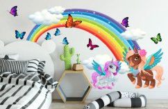 Pohádková duhová nálepka na zeď - jednorožec, obloha a motýli