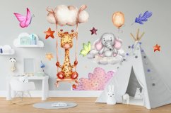 Adesivo murale per bambini amici elefante e giraffa sull'altalena