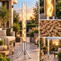 Terasový ohřívač na pelety s efektem plamene 4 kW, 132 cm, stříbrný