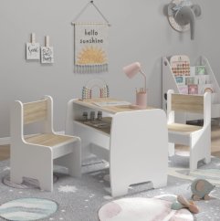 Dětský set stolu a 2 židlí s úložnou policí - sonoma + bílá