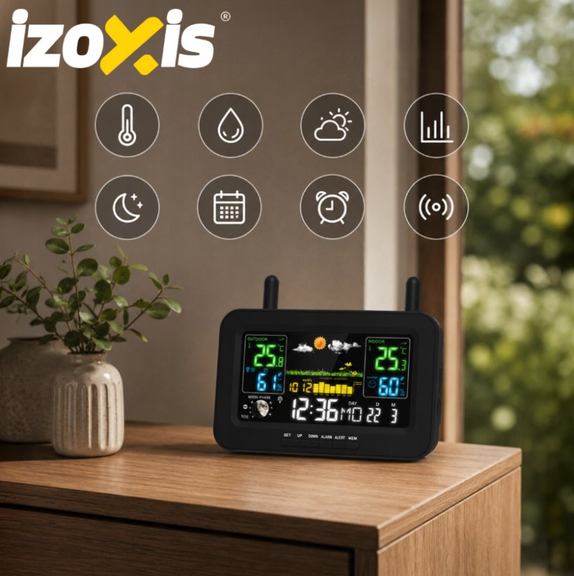 Bezdrôtová meteorologická stanica IZOXIS – teplomer, vlhkomer, hodiny, senzor 100 m
