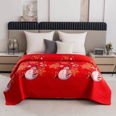 Červený prešívaný vianočný prehoz so snehuliakmi – štýlová zimná dekorácia na posteľ