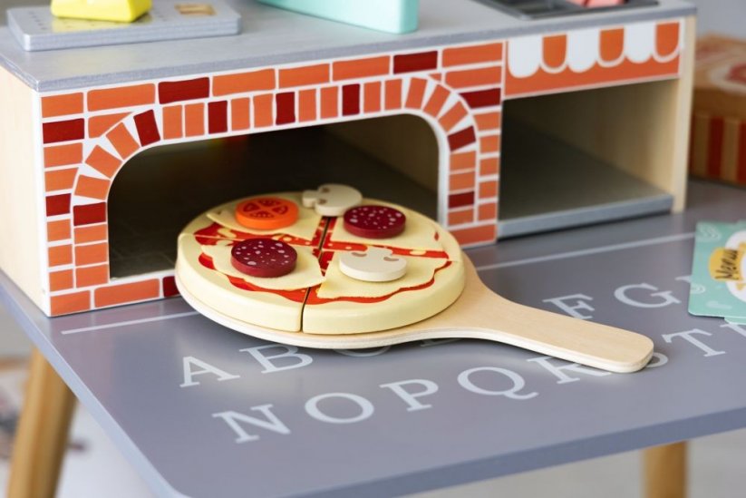 Hölzerne Pizzeria für Kinder mit Zubehör