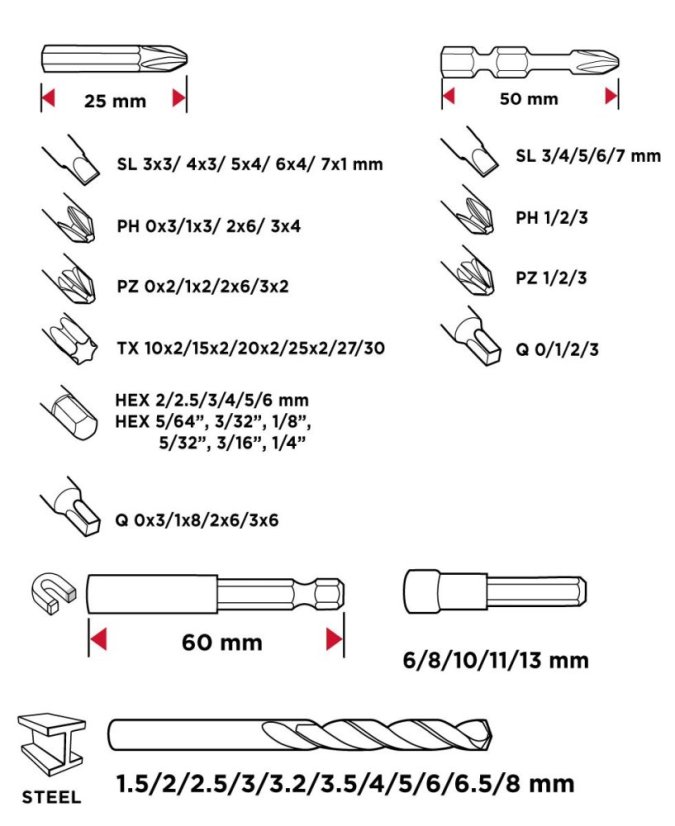 Universeller Satz von Bohrern, Bits und Verlängerungen 56H623 GRAPHITE - 120 Stück