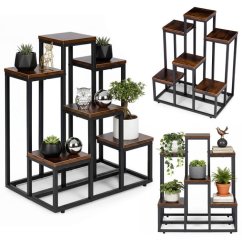 Loft Blumenständer - 6 Ablagen, schwarzer Stahl und Holzdekor
