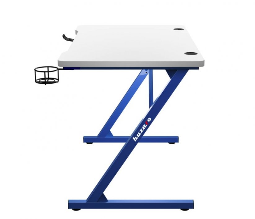 Praktický biely herný stôl HERO 1.8 s modrou konštrukciou