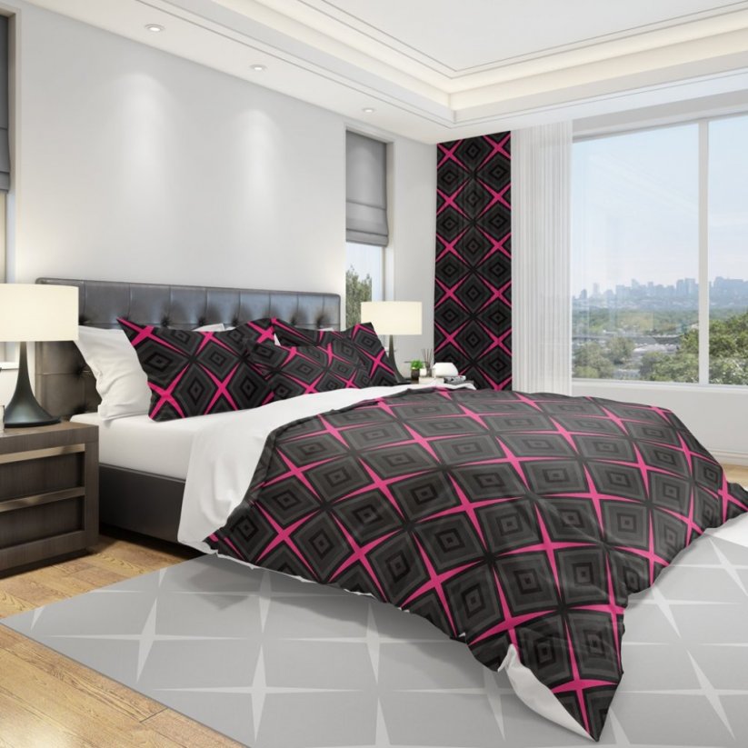 Moderné obliečky do spálne v tmavo sivej farbe s ružovým motívom