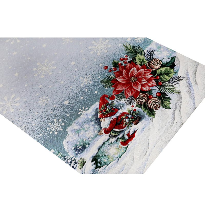 Karácsonyi faliszőnyeg terítő lurexszel - karácsonyi manó és téli tájkép