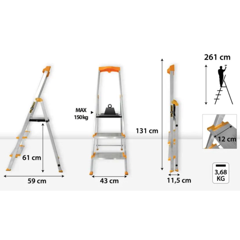 Aluminium-Leiter 3-stufig 150 kg - extra breite Stufen