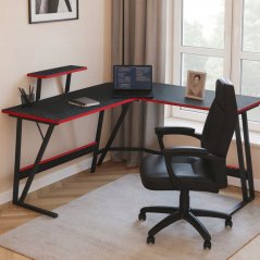 Kutni stol za igranje BG02 - crni s policom za monitor