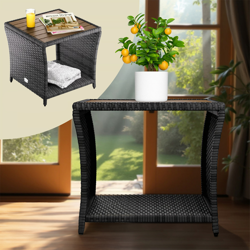 Măsuță laterală din poliratan cu blat din lemn de salcâm 45 × 45 cm
