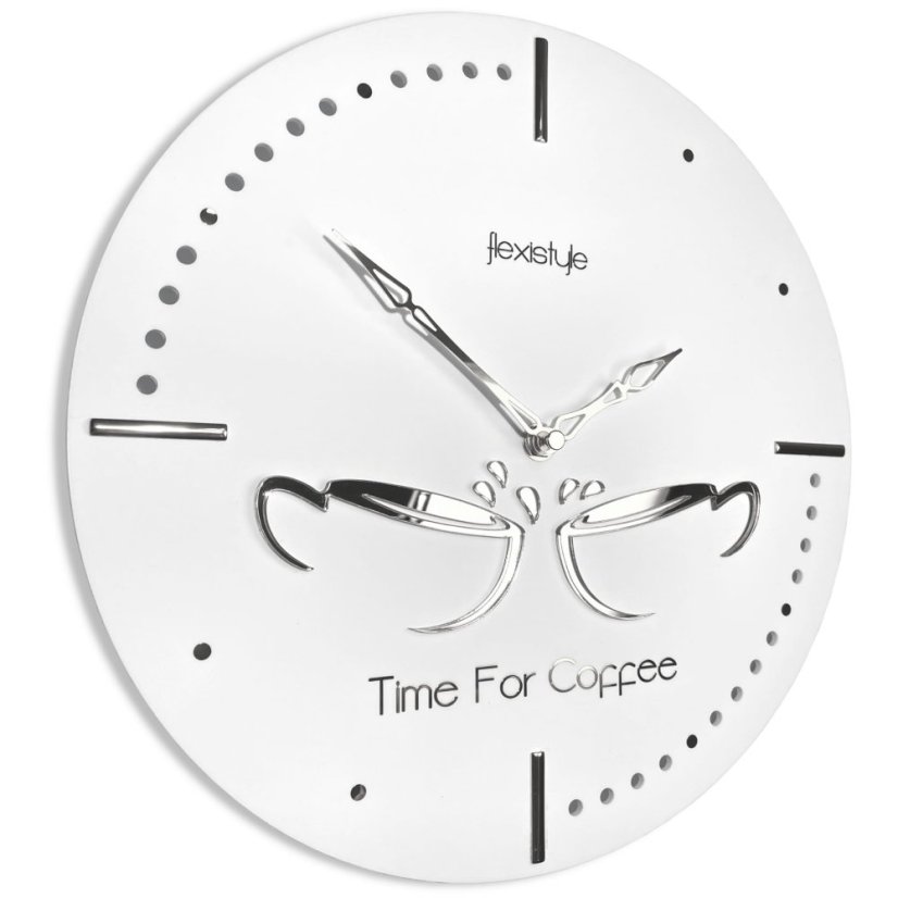 Kuchynské nástenné hodiny so striebornými šálkami - biele