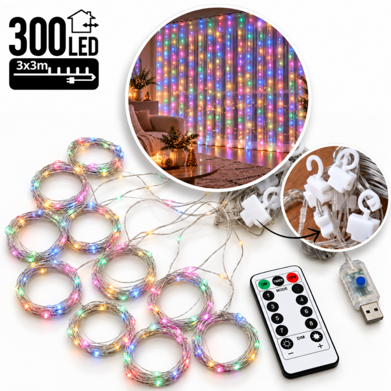 3x3 m vánoční LED řetězové světelné řetězy napájené z USB – 300 LED diod