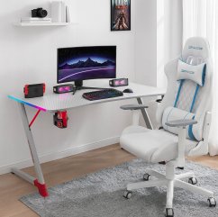 Bílý herní stůl, PC stůl s RGB LED osvětlením