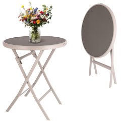 Masă pliabilă din metal, de culoare bej, pentru balcoane și terase, 60 cm, cu blat din sticlă