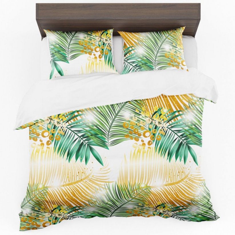 Posteľná obliečka v bielej farbe so žltými a zelenými palmovými listami