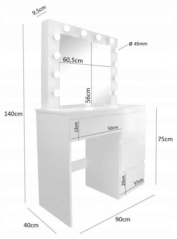 Toaletný stolík so svetielkami a šuflíkmi