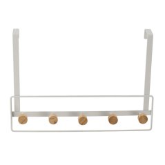 Závesný kovový vešiak na dvere s bambusovými háčikmi – biely