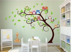 Bellissimo adesivo da parete per bambini con disegno di gufi su un albero