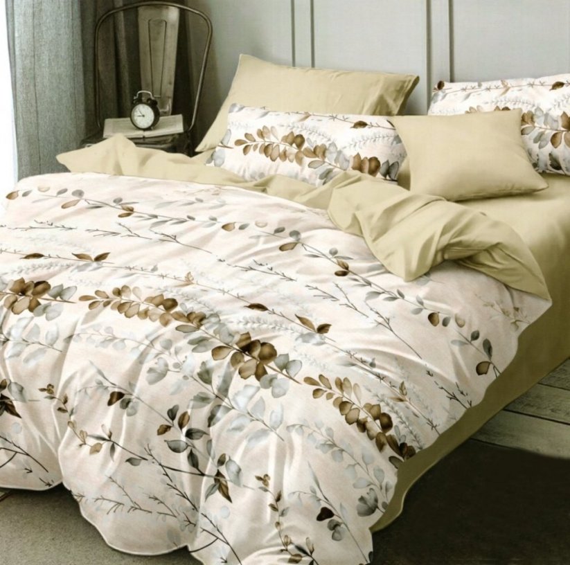 Béžové obojstranné posteľné obliečky  s motívom listov