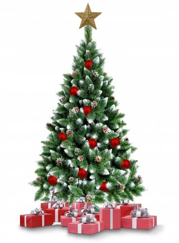Gyönyörű, hóval és fenyőtobozokkal díszített karácsonyi fenyőfa 150 cm