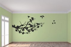 Nálepka na zeď do interiéru větev stromu a létající ptáci