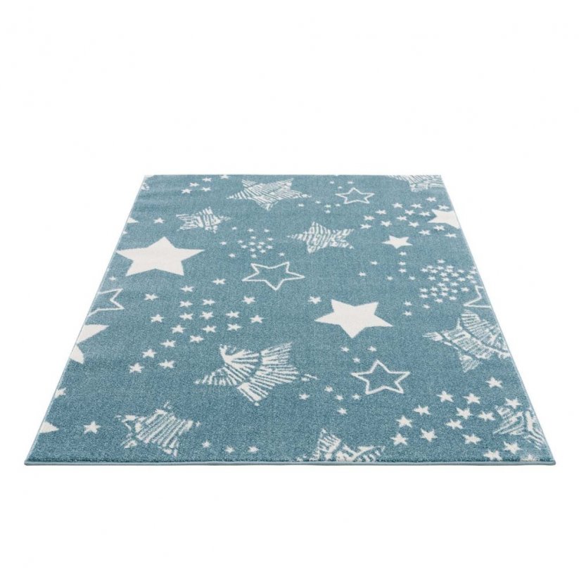 Modrý koberec do detskej izby s motívom bielych hviezd