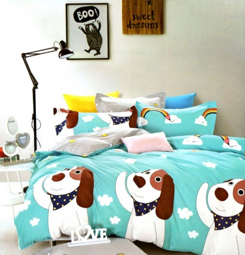 Modré posteľné obliečky so psíkom