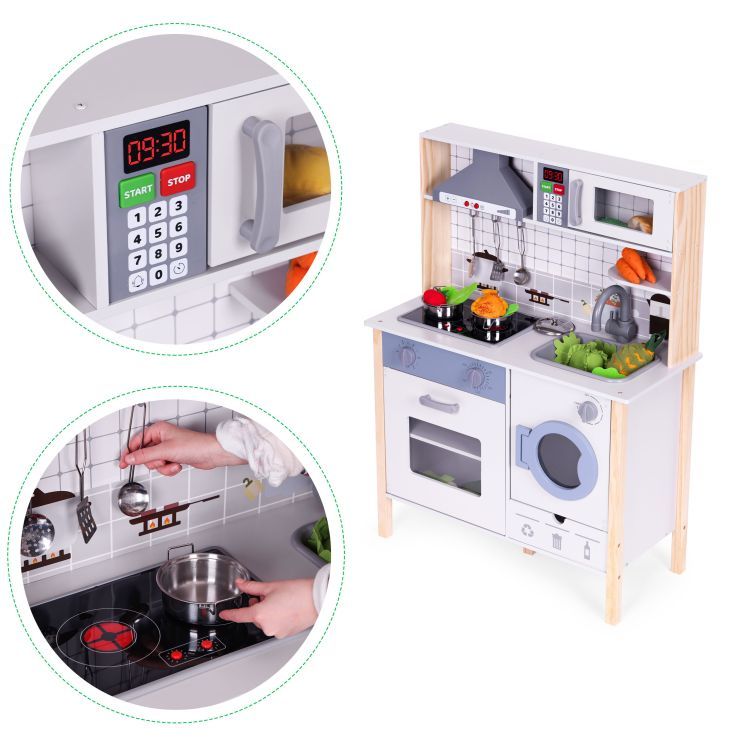 Cucina realistica in legno per bambini con luce LED, suoni e accessori