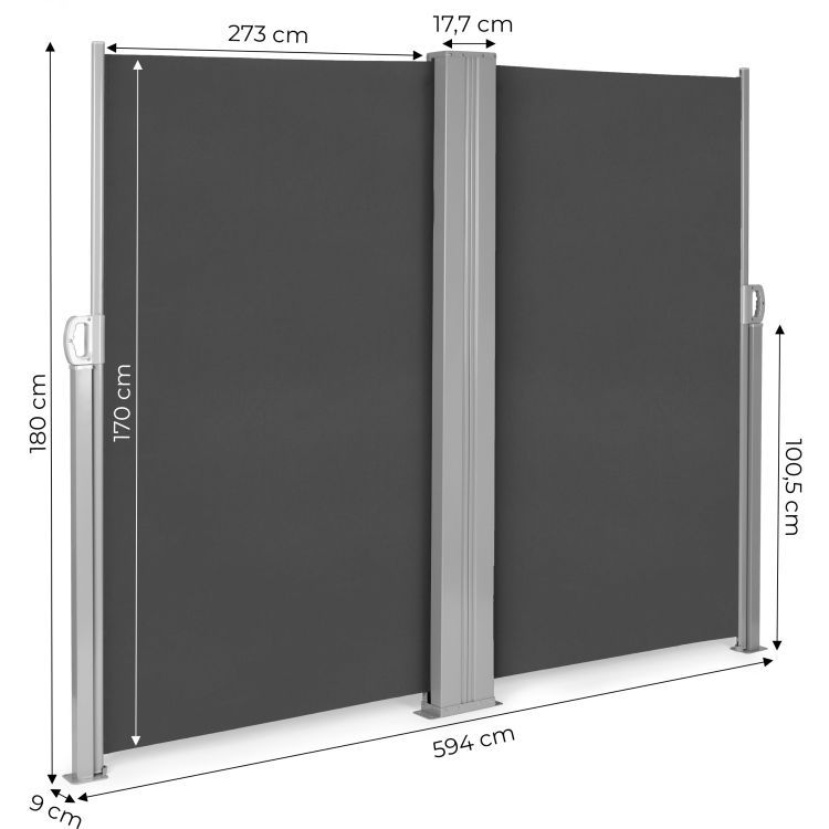 Dvojni stranski senčnik, zaslon 300 x 300 x 180 cm za terase in balkone - siv