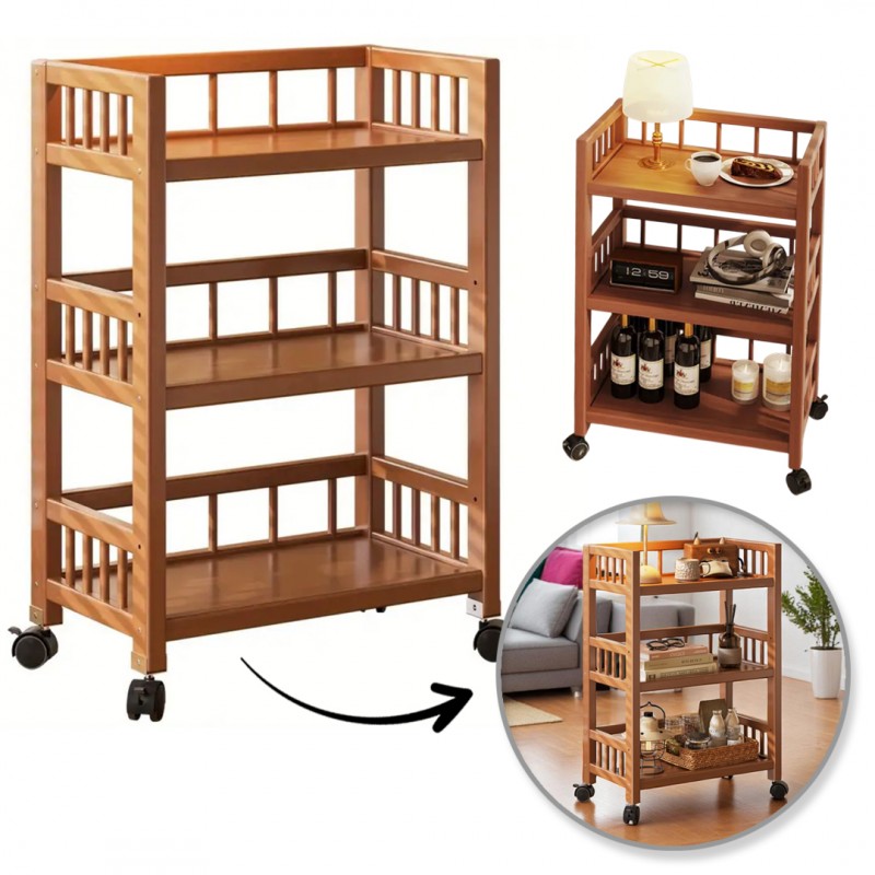 Bambusový regál na kolieskach – 3-policový