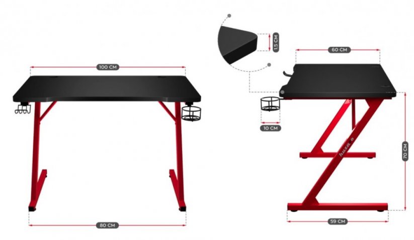Praktický černý herní stůl HERO 1.8 s červenou konstrukcí