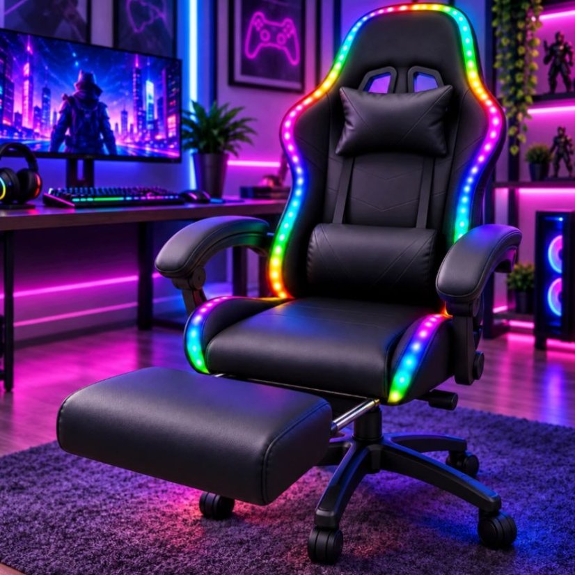 Igraća stolica s RGB LED rasvjetom, osloncem za noge i daljinskim upravljačem