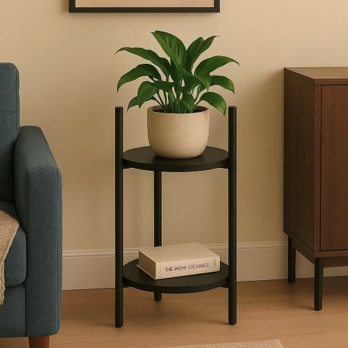 Stojan na květiny Loft - 2patrová police s kulatými černými policemi