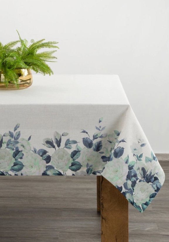 Tischtuch aus Leinen mit Blumenmotiv in blauen Farben