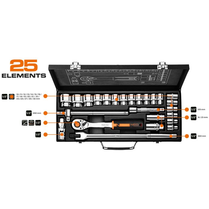 Nástrčné klíče 1/2, sada 25 ks, CrV 10-036 NEO