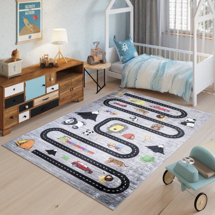 Dětský koberec s motivem silnice, auta a zvířátka - Rozměr koberce: Šířka: 80 cm | Délka: 150 cm
