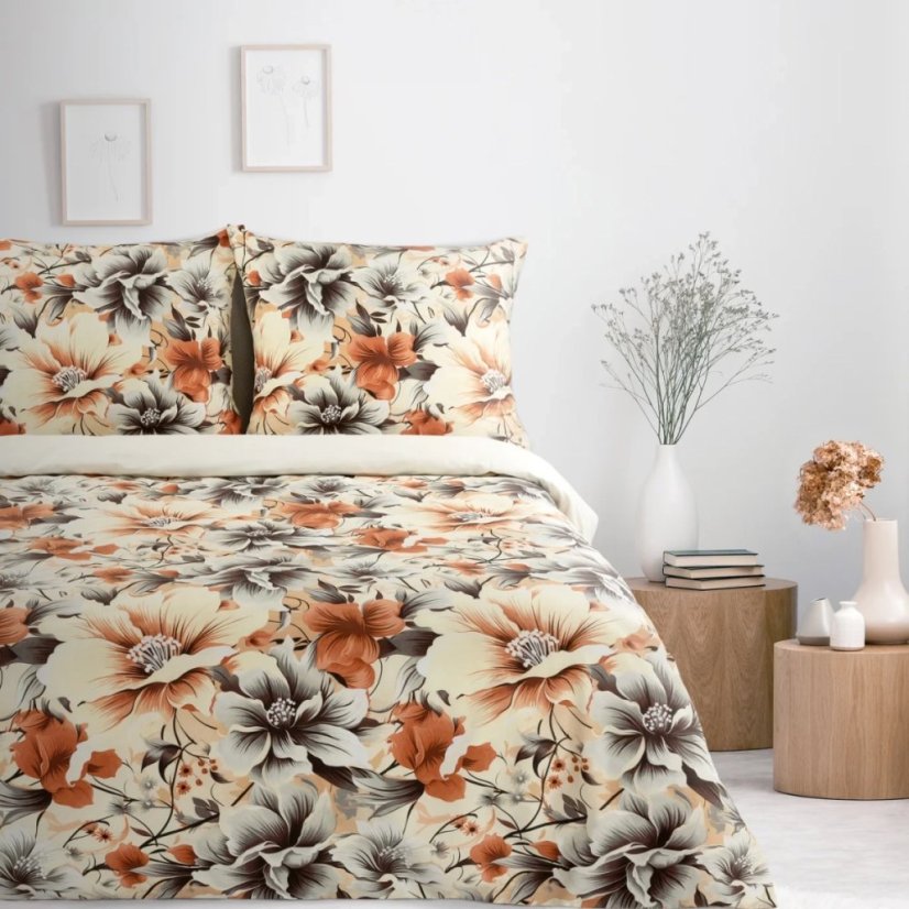 Posteľné obliečky z bavlneného saténu - krémové s kvetmi v teplých farbách